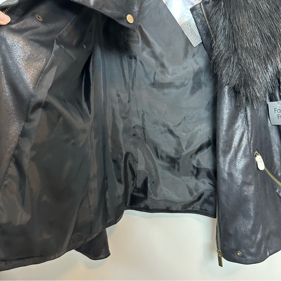 NWT IMAN Moto Jacket Faux Suede Fur Collar Zip Black Vegan Coat Large - Picture 9 of 13